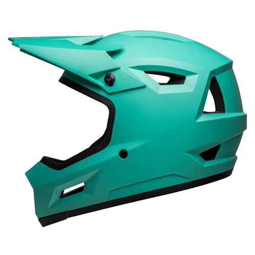 Introducing the Bell Sanction 2 Matte Turquoise: a sleek, teal full-face helmet with an angular, aerodynamic design. It features a visor and ventilation openings for optimal airflow and comes with removable cheek pads for customizable comfort and protection.