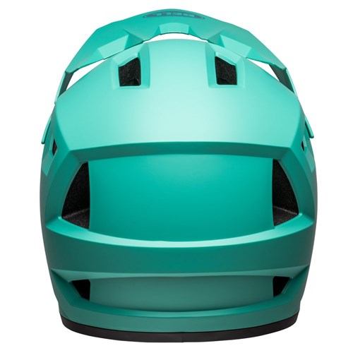 A Matte Turquoise Bell Sanction 2 helmet with removable cheek pads, shown from the front, ensures optimal airflow for full-face mountain biking.