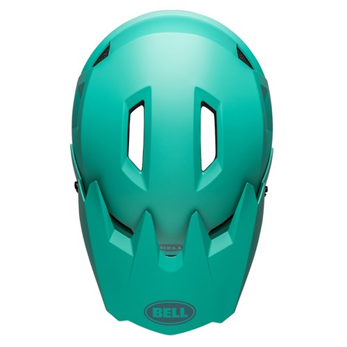 A Bell Sanction 2 Matte Turquoise bike helmet with a sleek design, featuring two rectangular ventilation slots in the front for optimal airflow and the Bell logo at the bottom.