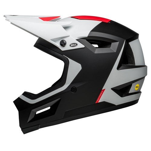 The Bell Sanction 2 DLX MIPS Deft Matte Black is a black, white, and red full-face helmet with a visor. It features angular design elements, ventilation openings, and MIPS Technology for added safety. Lightweight yet durable, this helmet ensures maximum protection while maintaining comfort.