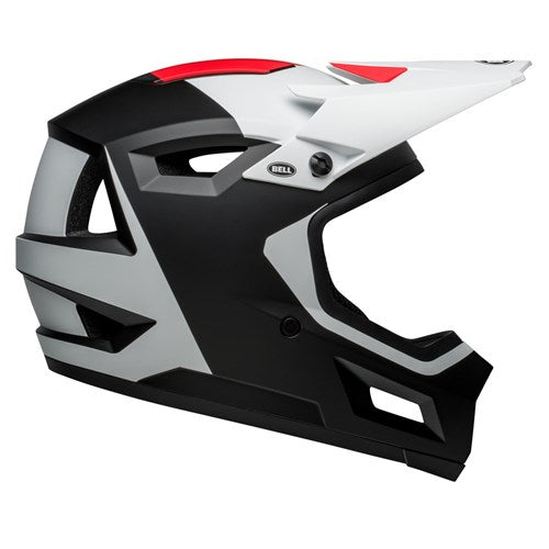 A black, white, and red full-face bike helmet with a visor, featuring ventilation slits and the brand logo "Bell" on the side. This Bell Sanction 2 DLX MIPS Deft Matte Black incorporates MIPS Technology for advanced protection while remaining a lightweight helmet ideal for both amateur and professional riders.