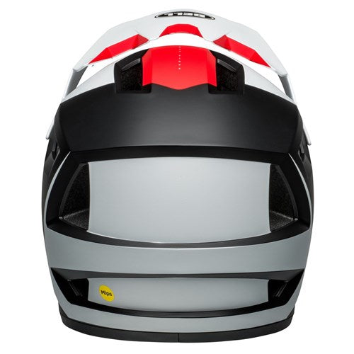 Rear view of a white, black, and red Bell Sanction 2 DLX MIPS Deft Matte Black helmet featuring MIPS technology at the bottom.