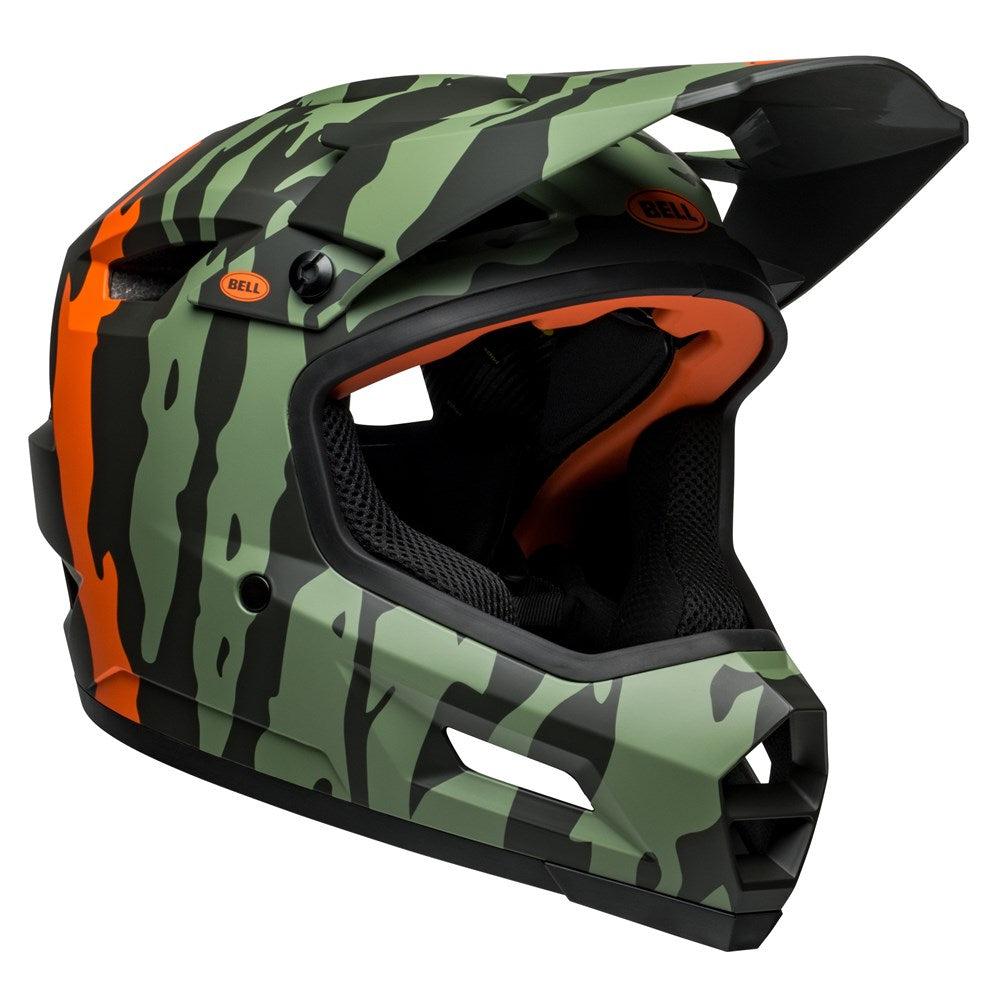 The Bell Sanction 2 DLX MIPS Ravine Matte Green/Orange boasts green, black, and orange accents with a visor and protective face guard. It features Ventilated DH Air padding for comfort and advanced MIPS technology for superior protection.