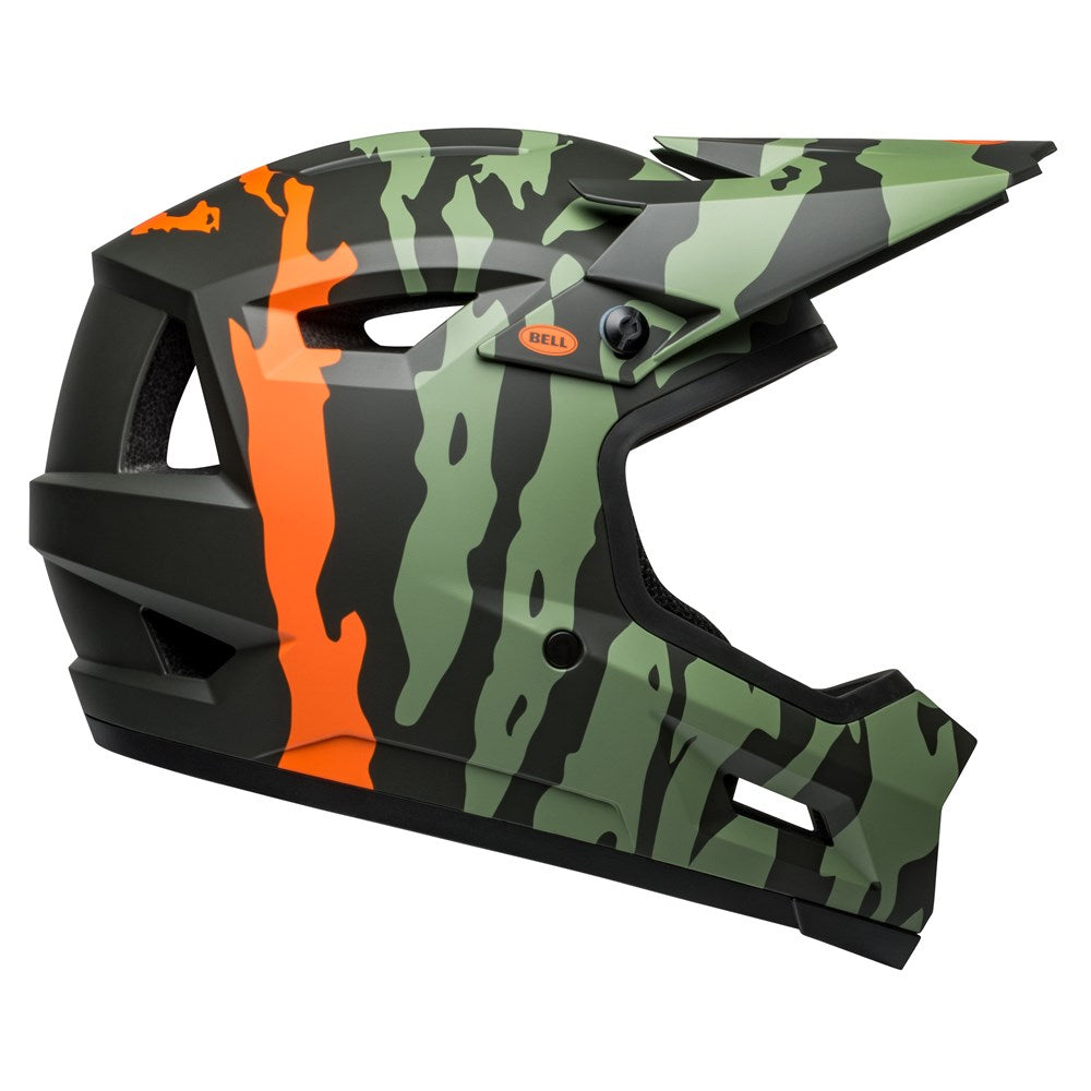 A Bell Sanction 2 DLX MIPS Ravine Matte Green/Orange full-face helmet with a green, black, and orange camouflage pattern, featuring a visor and chin guard, also equipped with MIPS technology for added protection.