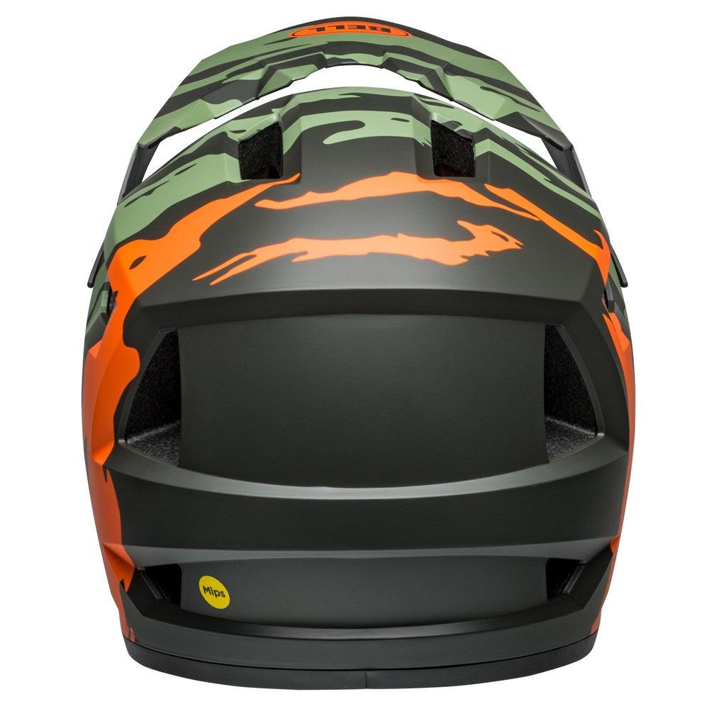 A Bell Sanction 2 DLX MIPS Ravine Matte Green/Orange bicycle helmet featuring MIPS technology and a ventilation design with Ventilated DH Air padding viewed from the front.