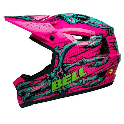 A brightly colored, lightweight helmet with a pink, green, and black abstract design, featuring the brand name "Bell" on the side. The Bell Sanction 2 DLX MIPS Bonehead Pink/Turquoise helmet also includes MIPS technology, a full-face shield, and a visor.