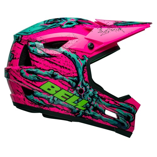 A lightweight helmet, the Bell Sanction 2 DLX MIPS Bonehead Pink/Torquoise with a visor features the word "Bell" on the side and integrates MIPS technology for enhanced safety.
