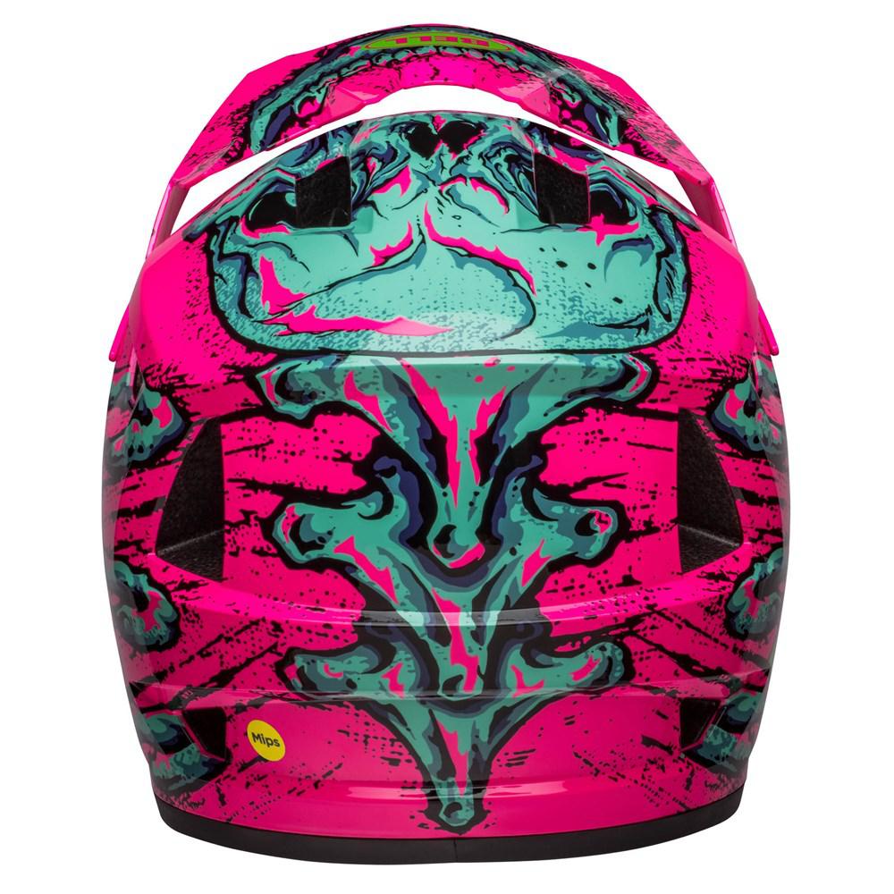 A brightly colored, lightweight helmet with a pink, green, and black abstract design. The helmet features vents on the top and sides, and a yellow "MIPS" label is visible near the bottom back. The Bell Sanction 2 DLX MIPS Bonehead Pink/Torquoise integrates advanced MIPS technology for enhanced protection.