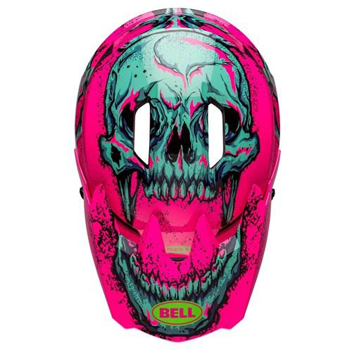 The Bell Sanction 2 DLX MIPS Bonehead Pink/Torquoise is a lightweight helmet featuring a vivid green skull graphic on the front, all wrapped in a striking pink design. Enhanced with MIPS technology, it's both stylish and safe for your adventures.