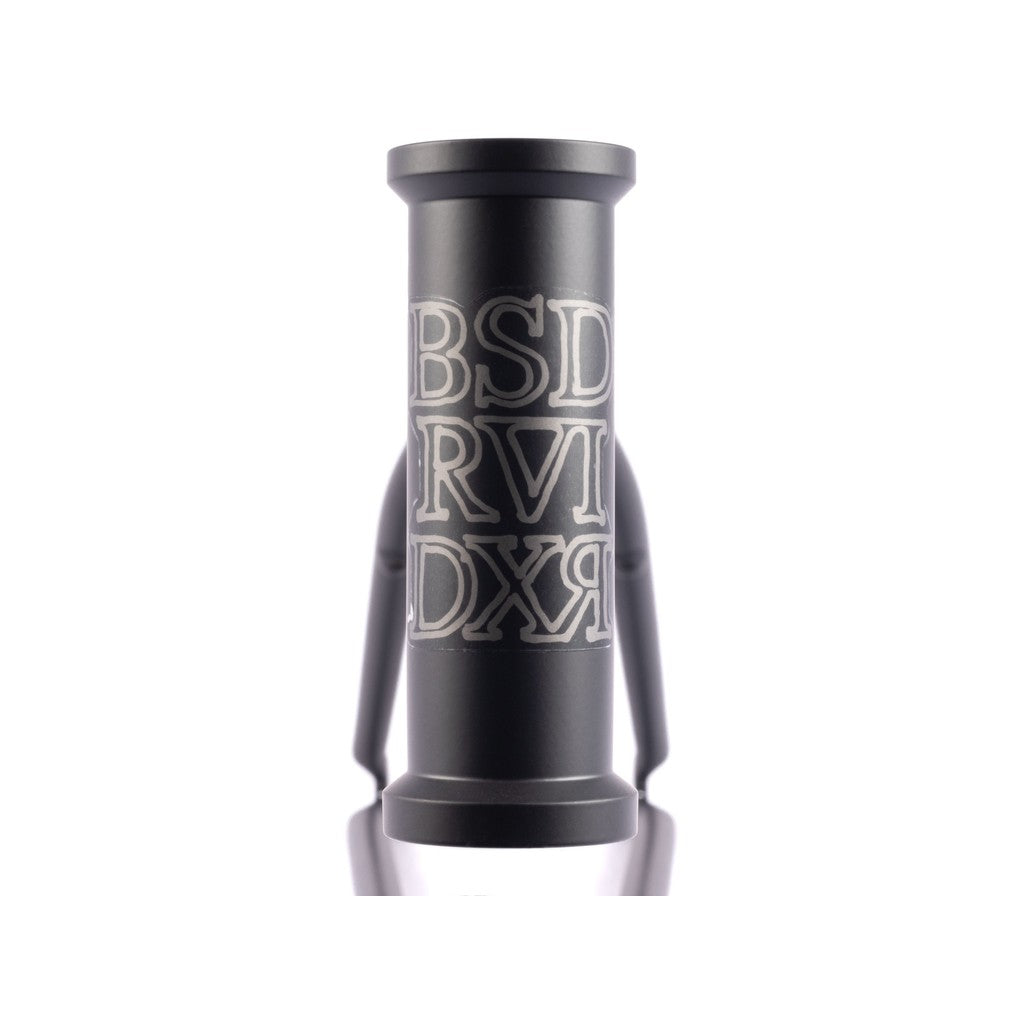 Close-up image of a black bicycle head tube with embossed letters "BSD RVID XR" arranged vertically, highlighting the sleek design of the BSD Raider V3 Frame (2022)—David Grant's Signature Frame renowned for its super tall geometry.