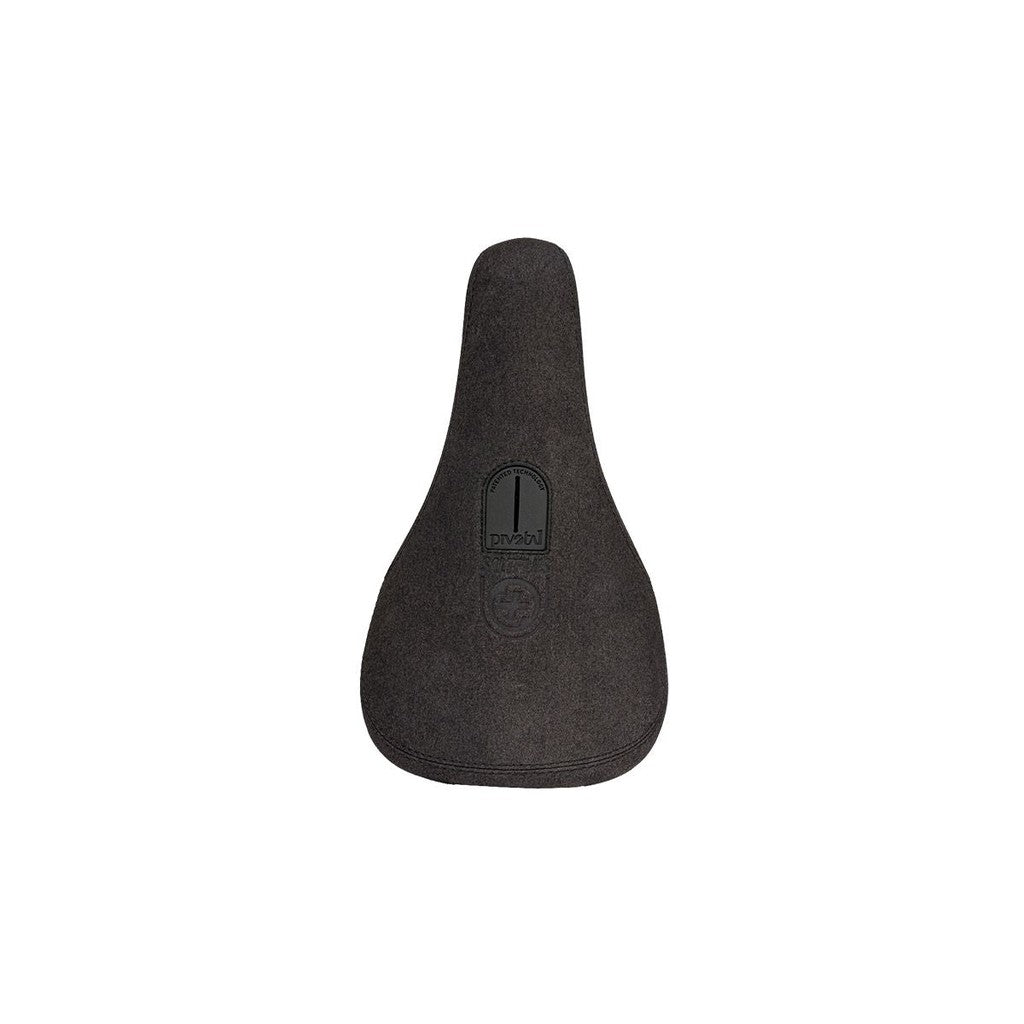 Introducing the Salt Plus Short Pivotal Seat, a black bicycle seat designed with a textured surface and featuring a centrally placed logo near the top, perfect for smaller builds.