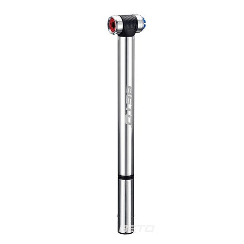 The Beto High Pressure Alloy Road Pump features a sleek silver and black cylindrical design with the brand logo, offering an impressive 120 psi capacity for efficient on-the-go performance.