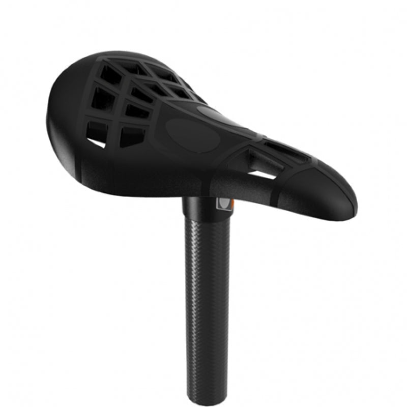 The Box One Carbon Seat/Post Combo 22.2mm is a lightweight black bicycle saddle with a grid-patterned design and an attached carbon seat post.