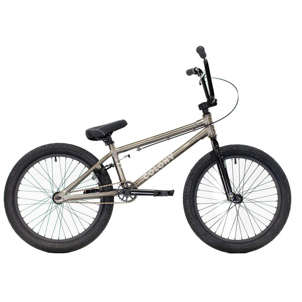 The Colony Horizon 20 Inch Freestyle Bike in silver features black handlebars, a black seat, and black wheels. Its minimalist design is elevated with pegs on both the front and rear wheels, making it perfect for any aspiring freestyle Olympic athlete.