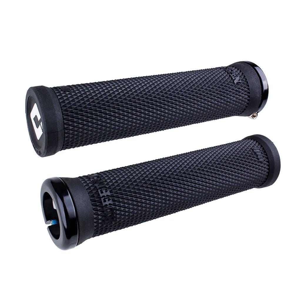 A pair of ODI BMX Ruffian V2.1 Lock-On Grips, 135mm in length, featuring black bicycle handlebar grips with textured surfaces and metallic ends for superior control.
