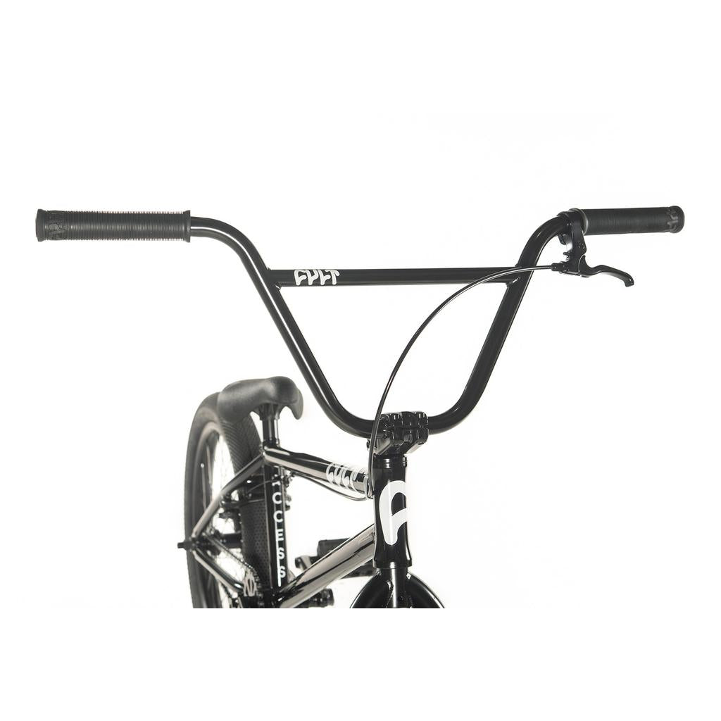 The Cult Access 20 Inch Bike features a close-up of its handlebar, highlighting the brake lever, hi-tensile frame, grip details, and cable connections designed to enhance maneuverability and control for beginners.