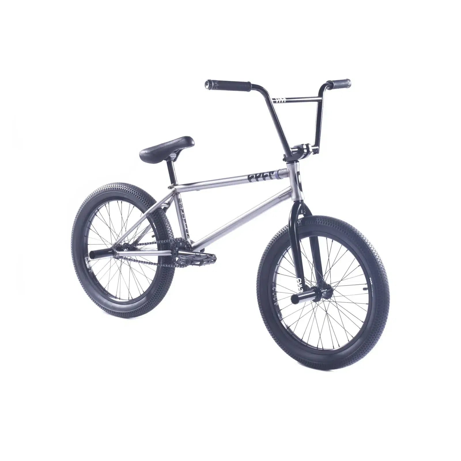 The Cult Devotion 20 Inch BMX bike features a sleek silver frame with black handlebars, seat, and tires, set against a plain white backdrop. Ideal for those who appreciate top-quality bikes and a chic ride.