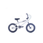 The Cult Juvi 14 Inch Bike is a small children's bicycle with an aluminum frame, featuring black handlebars, seat, and wheels against a crisp white design.