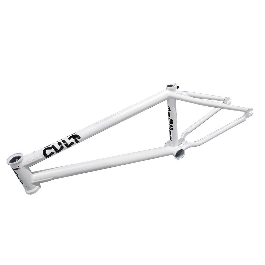 The Cult Biggie Frame (Devon Smillie Signature) features a white frame with "CULT" branding on the front tube and back legs. It is designed for BMX bikes, boasting street geometry inspired by Devon Smillie's signature style.