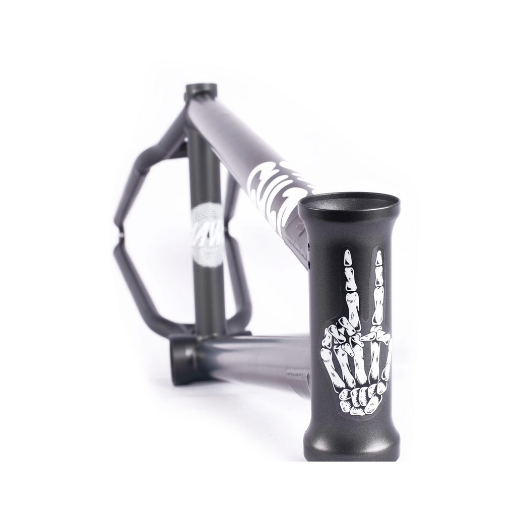 A close-up shot of the Cult Hawk Frame (Chase Hawk Signature) in black, featuring a white skeleton hand graphic making a peace sign on the front, highlighting Chase Hawk's signature and Cult classic tubing.