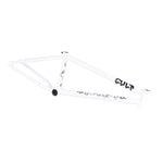 The Cult Walsh Frame, Corey Walsh signature edition, boasts robust tubing, a sleek white finish with a striking black logo, and an abstract design on the down tube.