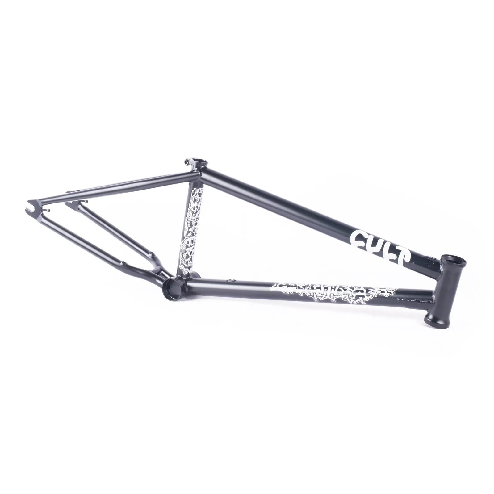 The Cult Walsh Frame (Corey Walsh Signature) is a black BMX frame with Cult classic tubing, featuring white graphics on the down tube and chainstay, and the iconic "CULT" word on the side.