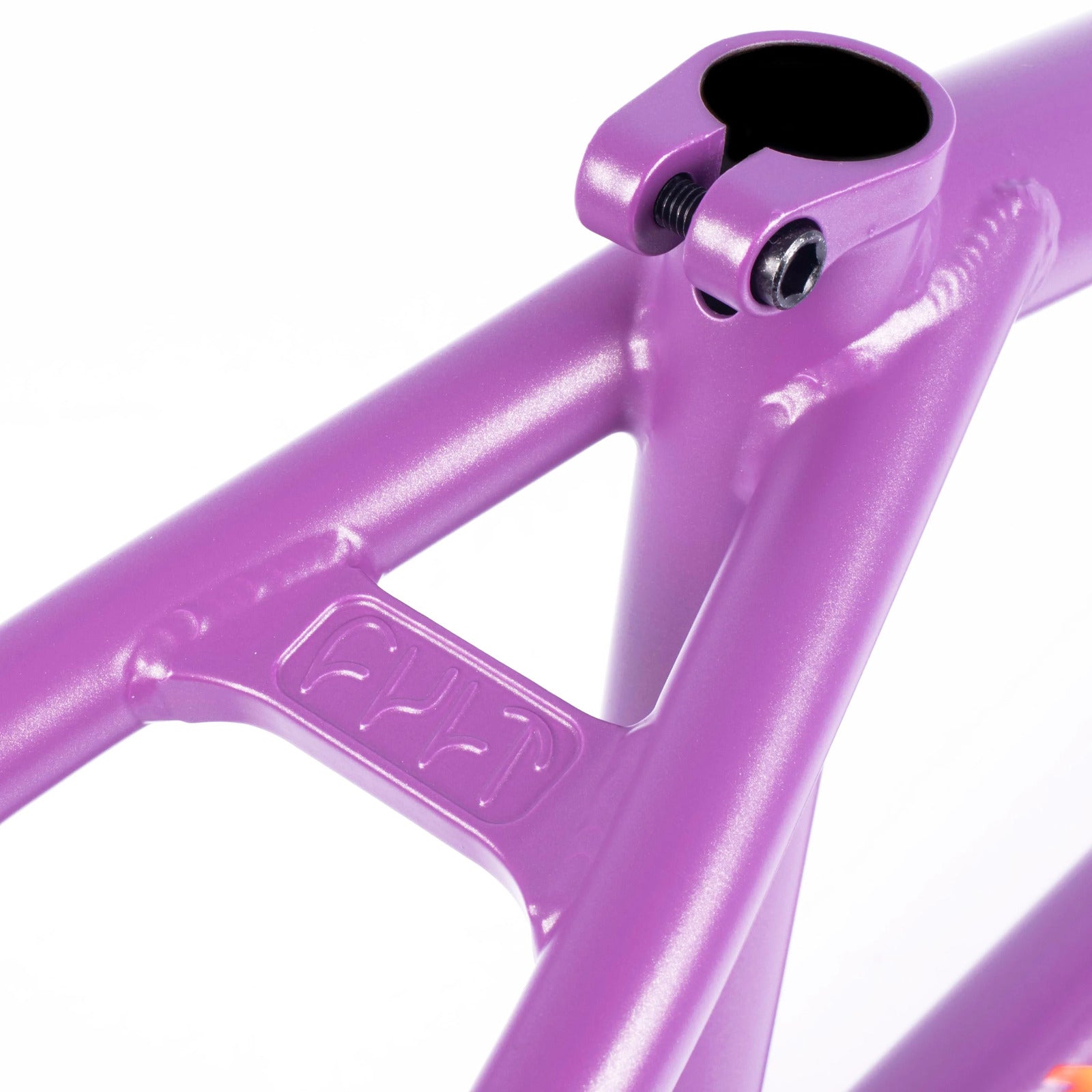 Close-up of the Cult 2 Short IC Frame in purple, highlighting its sleek design with visible seat clamp and branding, ideal for technical tricks.