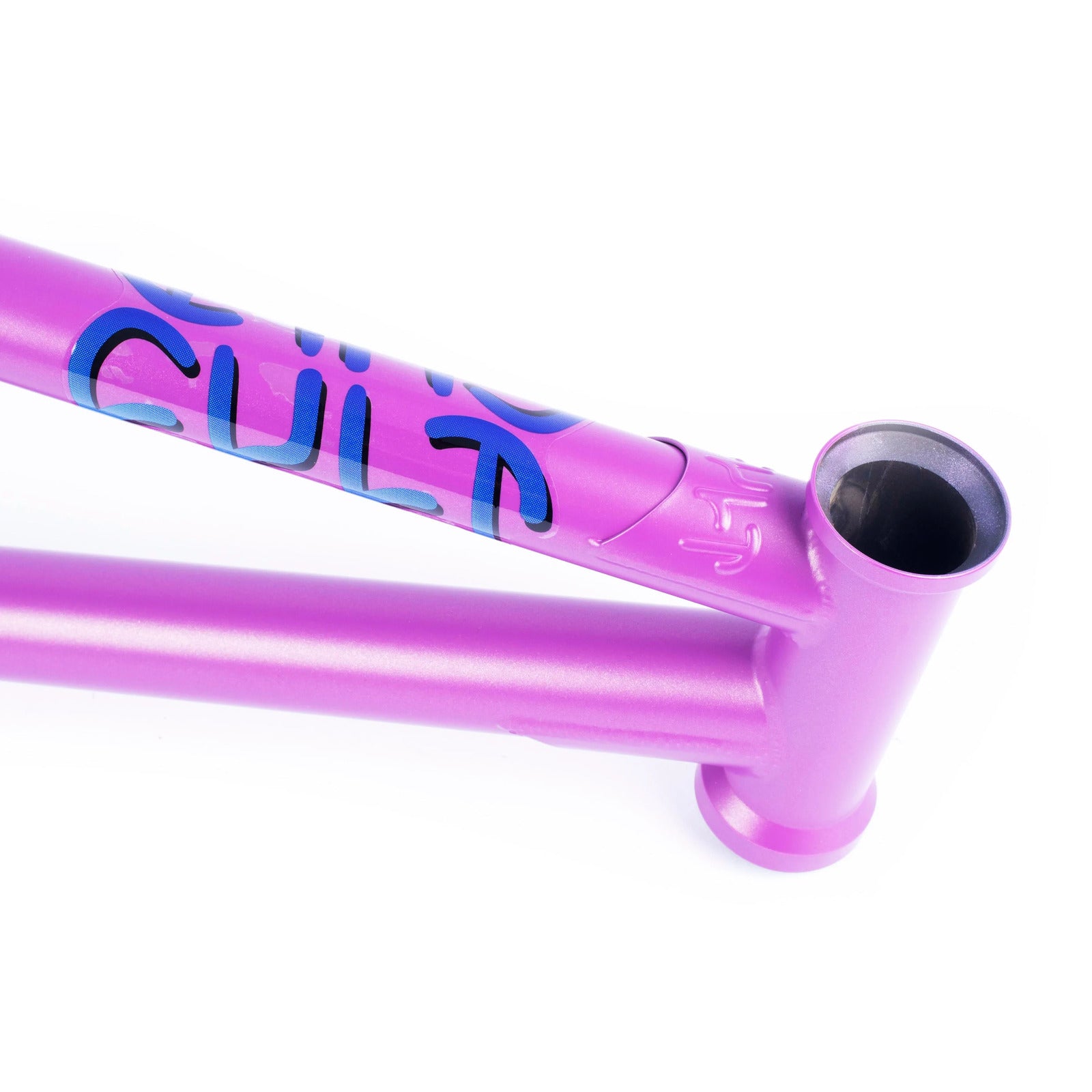 A striking purple Cult 2 Short IC Frame featuring blue graffiti-style text; ideal for technical trick enthusiasts.