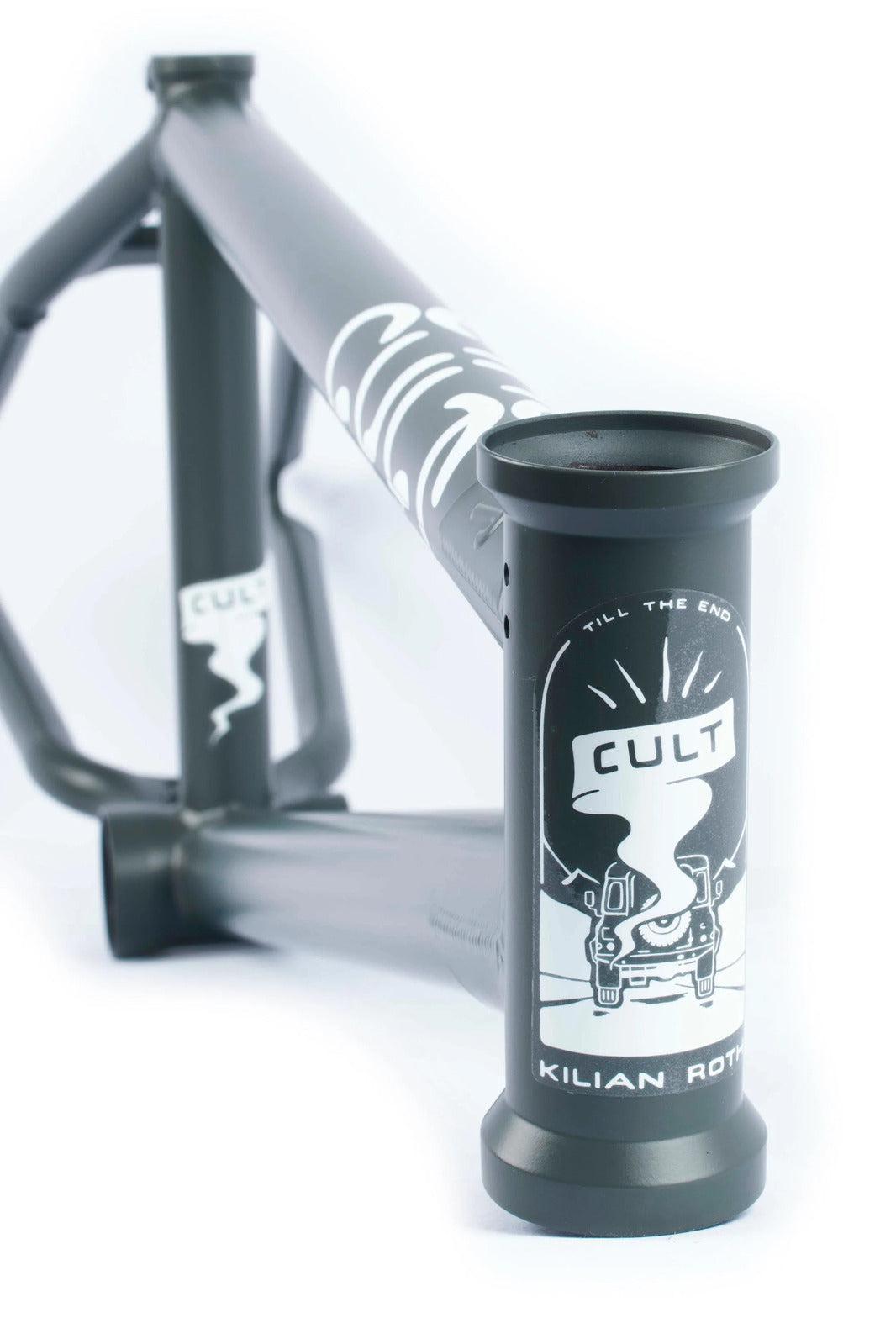 The Cult Shorty IC Frame, made from 100% cult classic tubing, features a black BMX frame with a white "Cult" logo and design including the text "Till the end" and "Kilian Roth," all set against a white background.