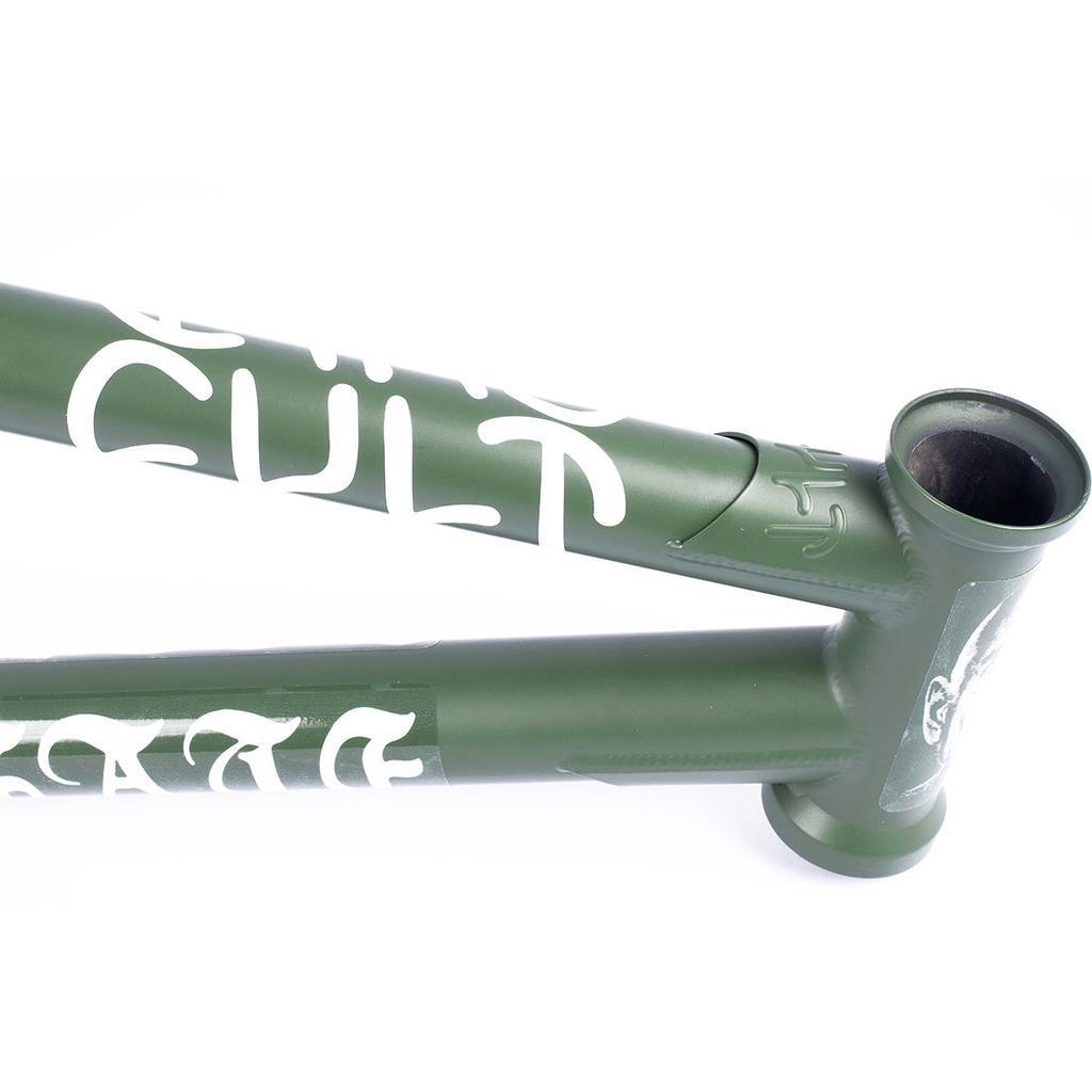 The Cult Heavens Gate Frame, a green bicycle frame with white "CULT" graphics, is crafted for technical street riding and draws inspiration from the Brandon Begin Signature models.