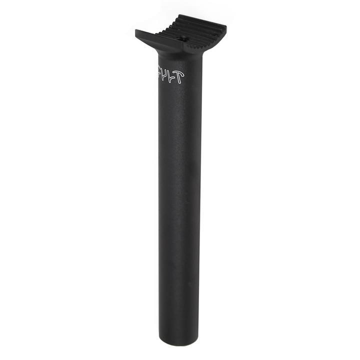 The Cult Pivotal Seat Posts - Standard / XL, in sleek black, are crafted from durable 6061 alloy and feature a serrated top for secure attachment, making them perfect for freestyle BMX enthusiasts.