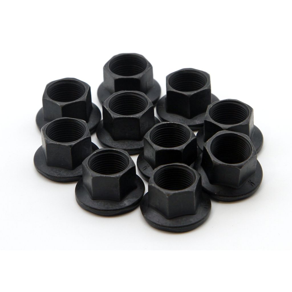 DRS Axle Nuts 14mm (10 Pack), featuring black hexagonal design with washers, neatly grouped against a white background.