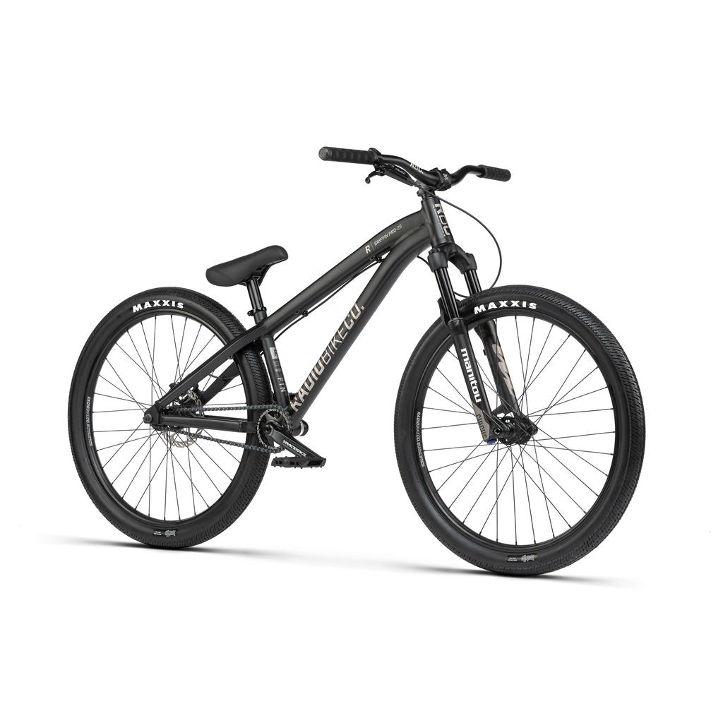 A black Radio 26 Inch Griffin Pro Bike with front suspension, knobby tires, and a single seat, viewed from a three-quarter angle. This 26" bike includes high-performance Race Face parts for an exceptional ride experience.