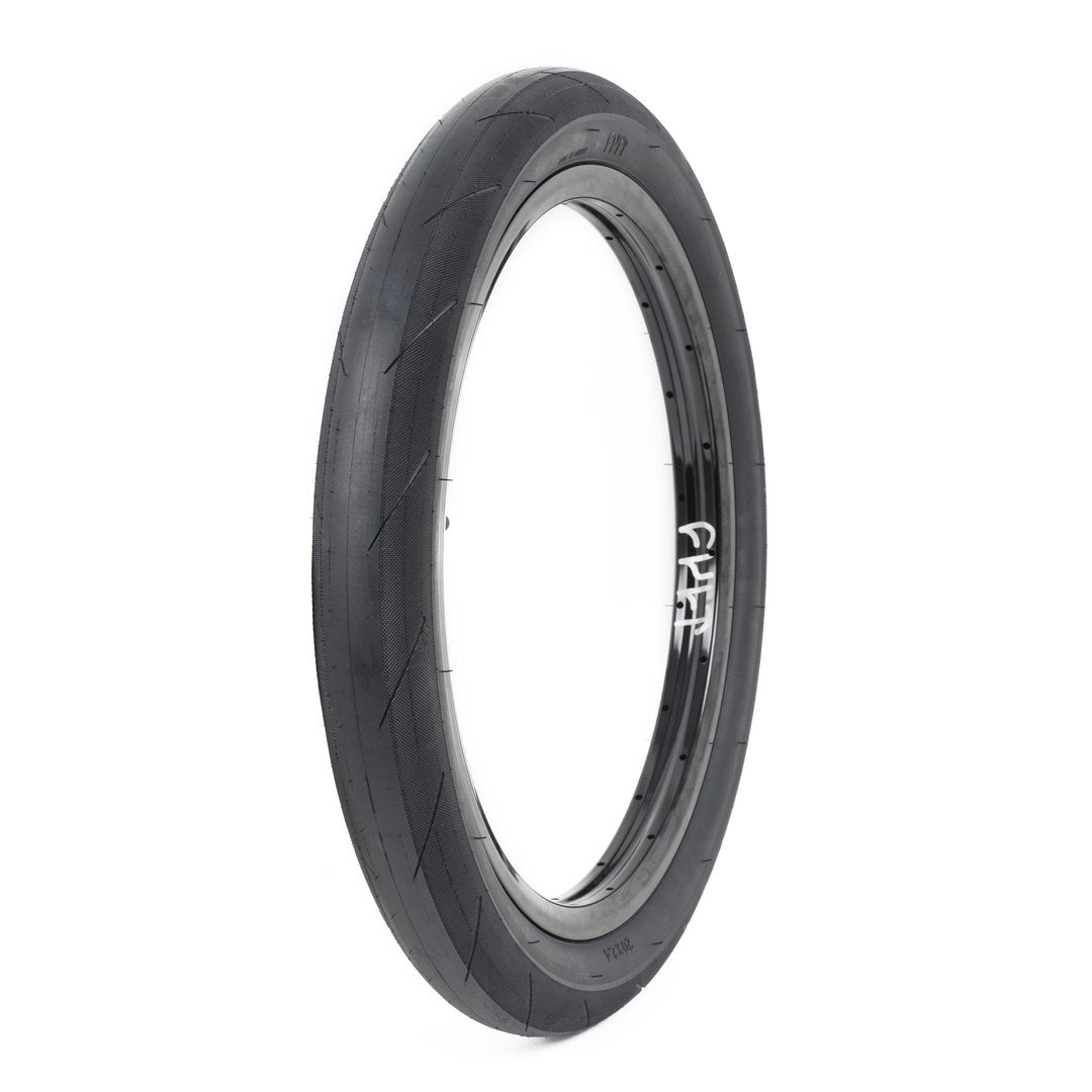 The Cult Fast and Loose Pool Tyre is a thin, black bicycle tire featuring a smooth tread pattern and high-pressure sidewalls, set against a white background.