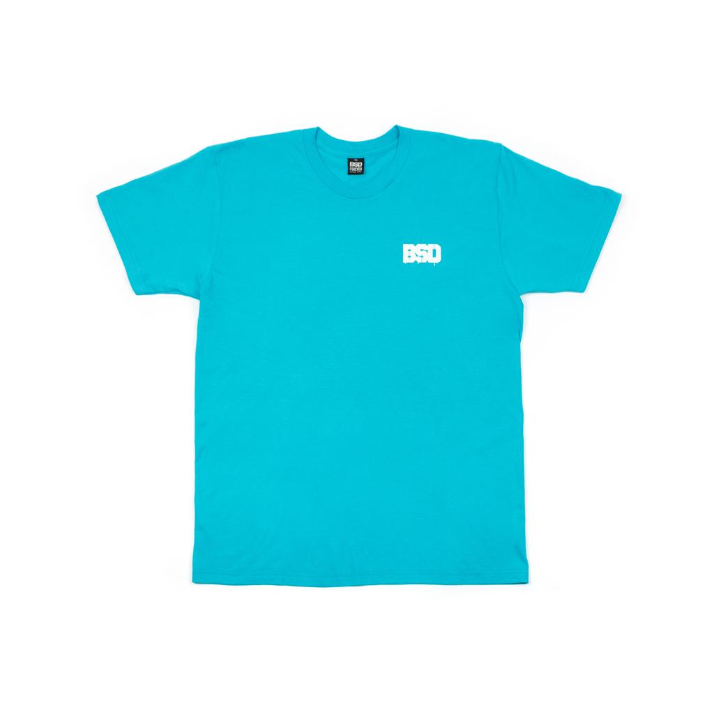 The BSD Spillage T-Shirt offers a slim fit in turquoise, with a white "BSD" logo on the upper left chest, crafted from lightweight cotton for comfort.