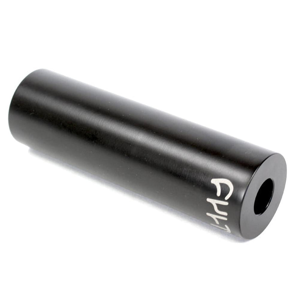 The Cult Doomsday Crmo Peg (Each) is a cylindrical, heat-treated chromoly BMX peg measuring 35mm in diameter. It features a hole at one end and has white markings on its sleek black metal surface.