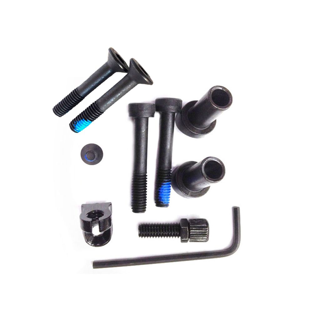 A collection of various black screws, bolts, a clamp piece, and an Allen wrench from the S&M Removable Brake Mount Kit are laid out on a white background.