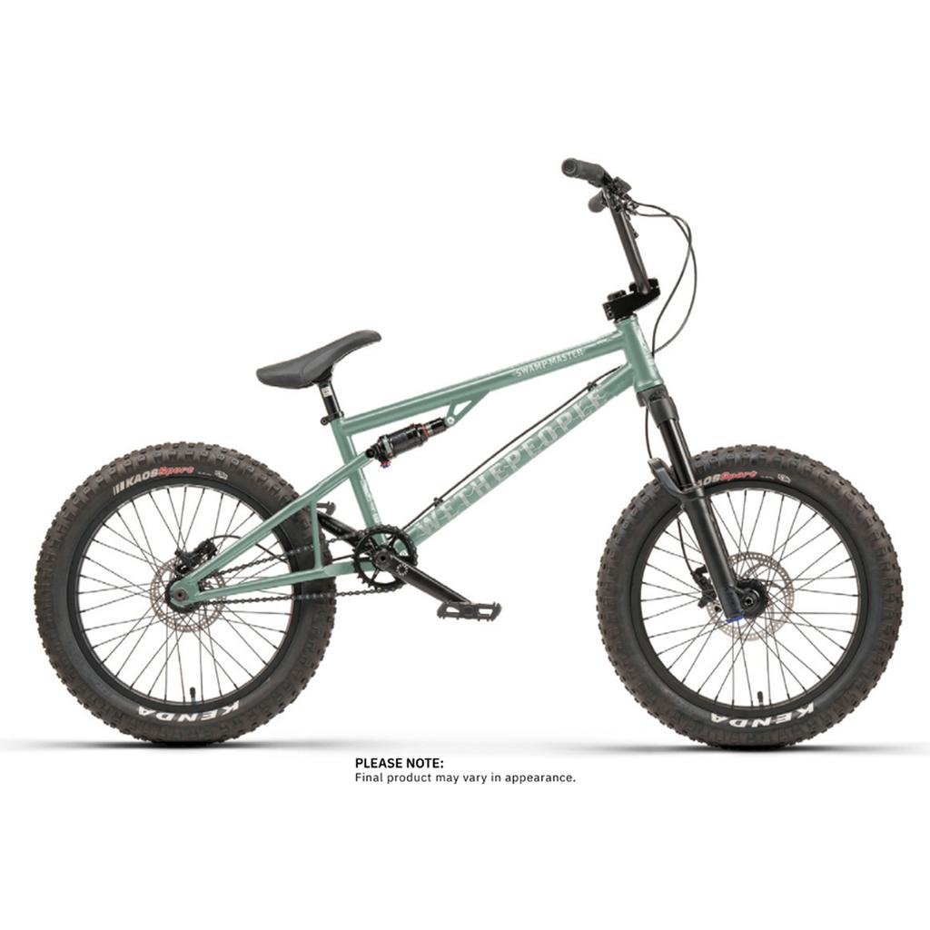 A green Wethepeople Swampmaster 20 Inch BMX bike with thick Kenda tires and a compact frame on a white background, featuring the "SERAPHINE" logo.