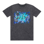 The Cult Virus T-Shirt is a true-to-size gray shirt that showcases a vibrant blue, green, and white abstract screen print design on the front.