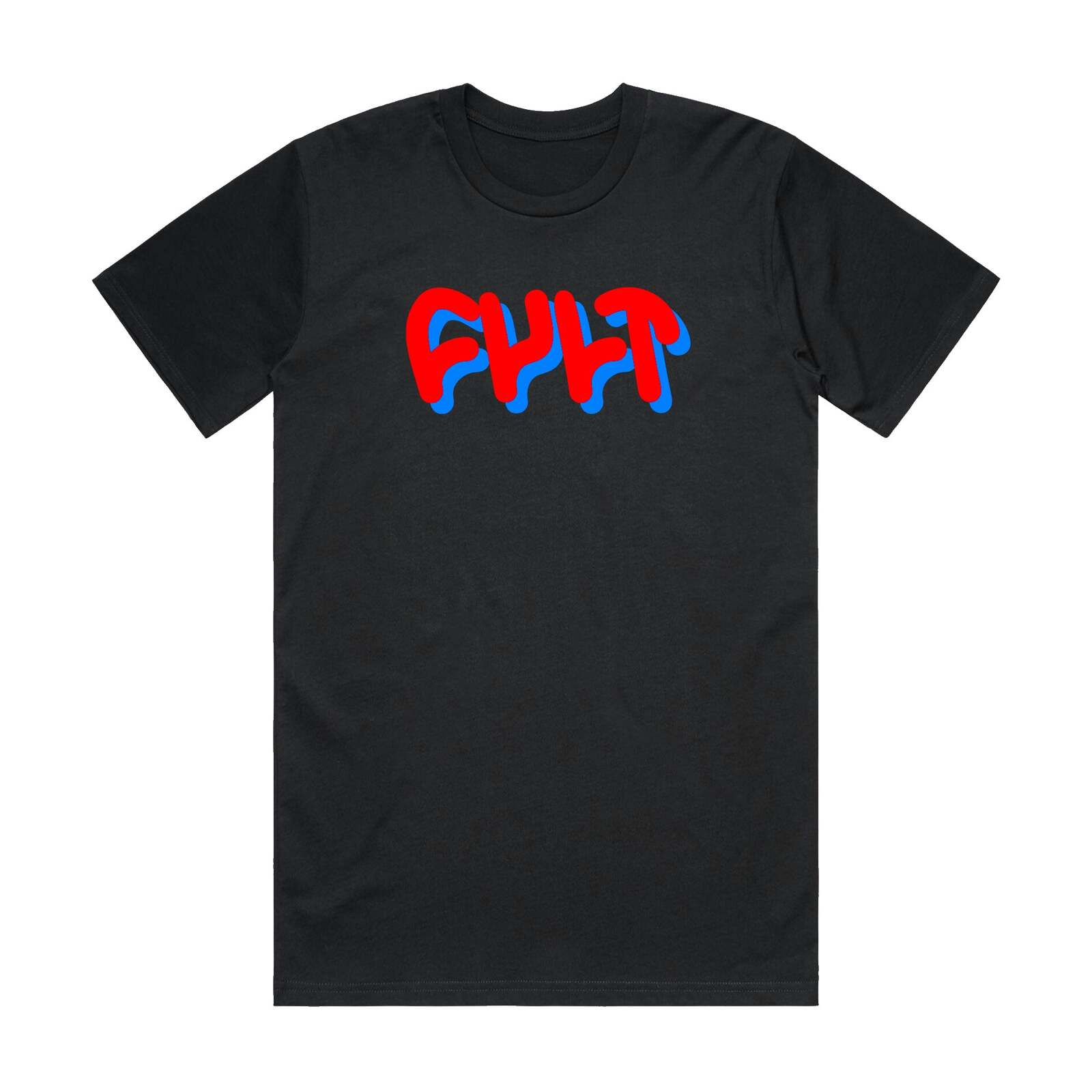 Cult Til The End T-Shirt - A black t-shirt with a relaxed fit, featuring stylized "CULT" in red and blue letters screen printed on the front.