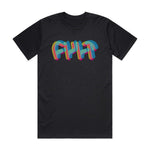 The Cult Cmyk T-Shirt is a modern-fitting black tee with a vibrant, wavy text design screen printed on the front.