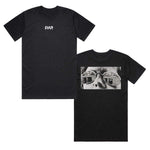 Two Cult River Gap V2 T-Shirts in relaxed fit and black feature a small white logo on the chest and display a grayscale screen print of a person's face with sunglasses on the back.