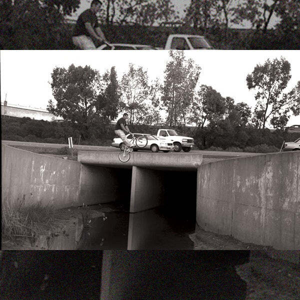 Wearing a Cult River Gap V2 T-Shirt, a cyclist with a relaxed fit rides off a concrete structure above a drainage area, against the vibrant backdrop of Los Angeles with its parked vehicles and trees.