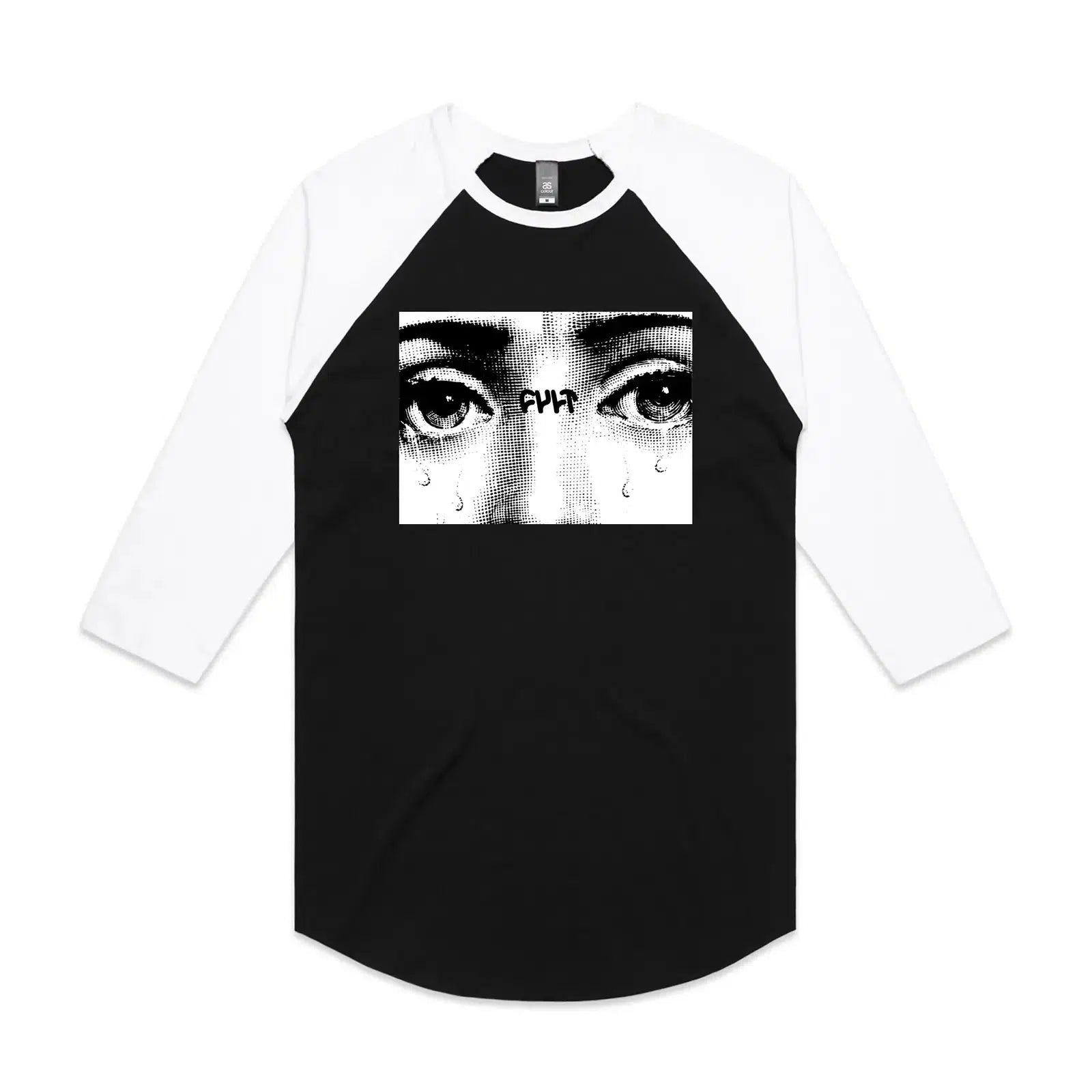 The Cult So Sad V2 Raglan T-Shirt is a vintage-style black and white shirt with a relaxed fit, featuring a screen print of teary eyes and the word "cry" above them.