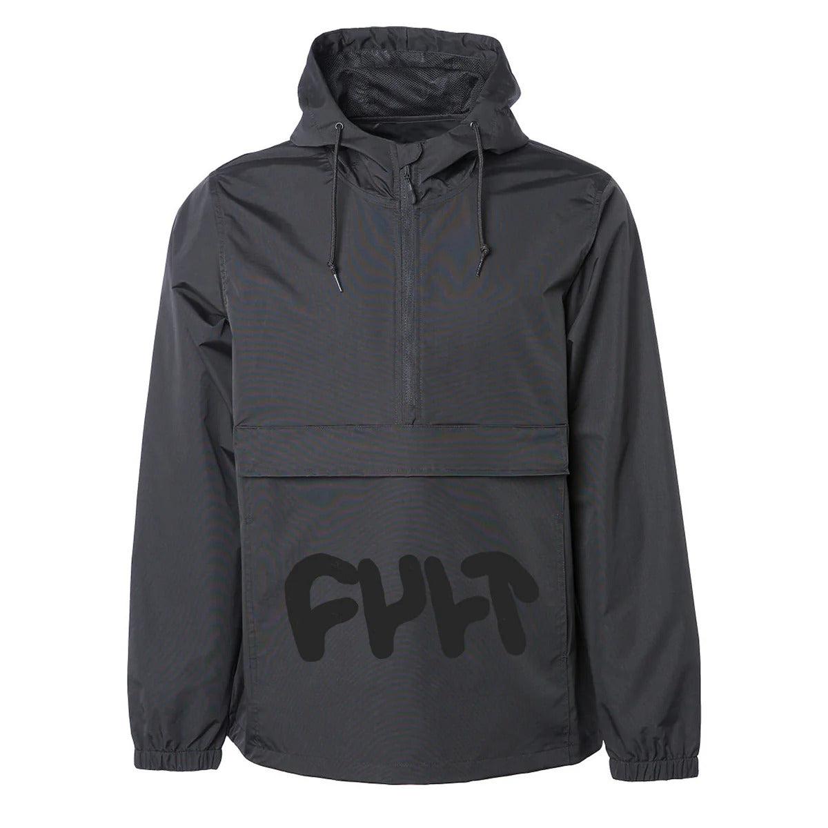 Black Cult Anorak Jacket with a hood and a front kangaroo pocket. The chest features a large black logo reading "FULT." This water-resistant anorak has drawstrings on the hood and elastic cuffs on the sleeves.