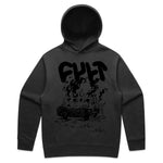 Faded black Cult Burn It Down Hoodie with a large hood and front pocket, featuring a graphic design of a car on fire and the word "CULT" in bold, stylized text above the car.