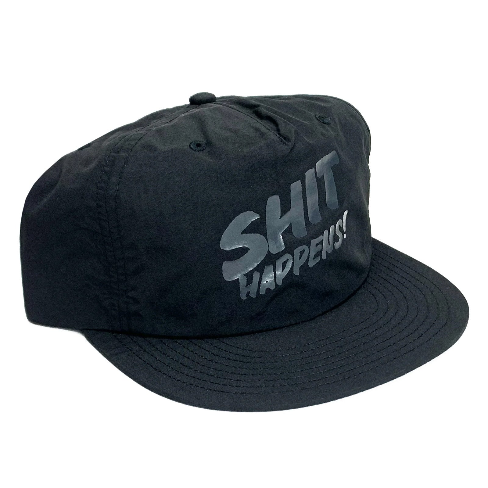 A lightweight quick dry nylon black cap with the words "SHIT HAPPENS!" printed in bold, gray letters on the front. This Cult Sh*t Happens Cap is both stylish and practical.