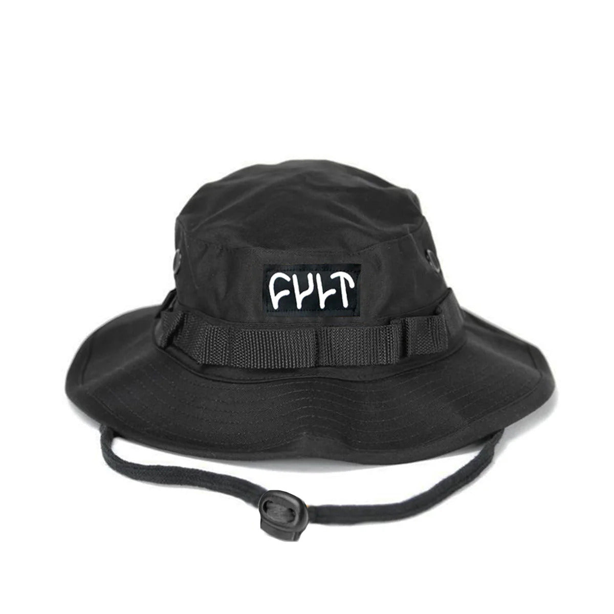 The Cult Adjustable Boonie Hat, a black bucket hat with a wide brim and adjustable strap, features the white embroidered "CULT" logo on the front, offering a classic look that embodies true Cult Crew style.