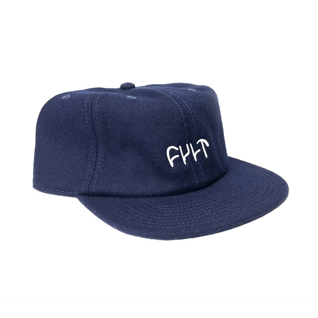 The Cult Oxford Cap is a fashionable accessory crafted from recycled polyester, showcasing a navy blue color with white embroidered lettering on the front.