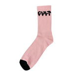 The Cult Logo Socks feature a unisex pink design with bold "FUCT" text on the cuff and a chic black toe, available in one size that fits most.